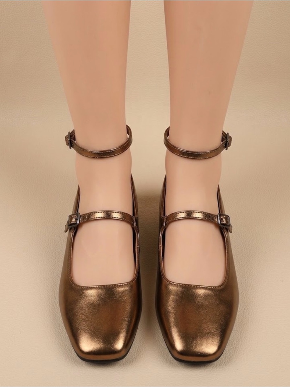 Metallic Brown Ankle-Strap Mary Jane Flats - Women